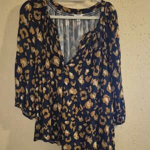 crown & ivy Navy and Tan Patterned Blouse